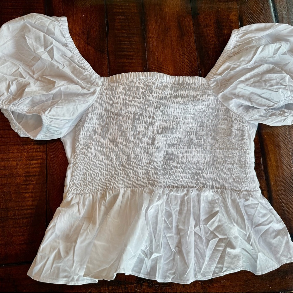 Astr White Peplum Puff Sleeve Tie-Front Blouse - Picture 7 of 8